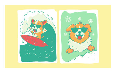 Playful Cartoon Dogs Enjoy Summer and Winter Activities in Sunglasses