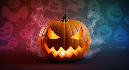 Spooky Halloween Jack-o'-lantern with Smoke and Ghost Background - High-quality stock image for commercial use