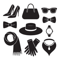 Fashion accessories isolated on white background, including shoes, bags, sunglasses, bowties, hats, watches, scarves, gloves, and necklaces, representing style, elegance and personal expression