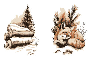 Fototapeta premium Illustration of Winter Landscape with Logs and Sleeping Fox in Snow