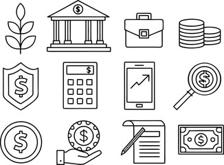 Financial icons plant bank briefcase coins shield calculator phone magnifying glass coin hand paper money