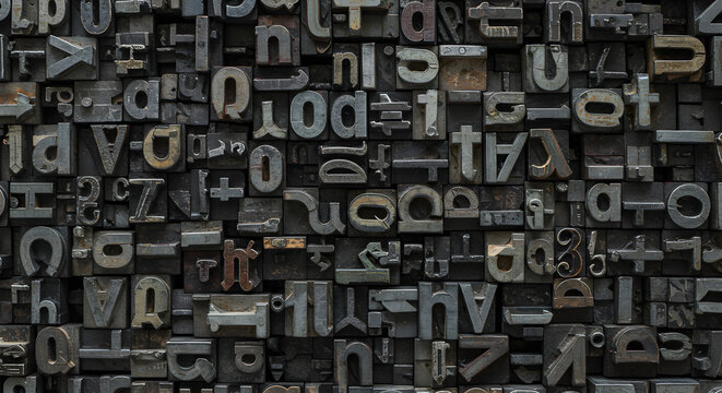 Vintage letterpress printing blocks with letters and numbers, typography on transparent background