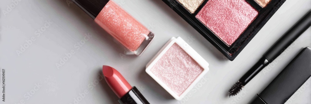 Poster glossy makeup products arranged neatly on a reflective surface with colorful lipsticks and eyeshadow