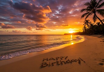 Happy Birthday Sunset Beach Scene. Generative Ai