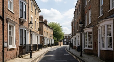 Quiet English street with traditional brick terraced houses. Historic town road with vintage lampposts and bay windows. Quaint European village scene.
