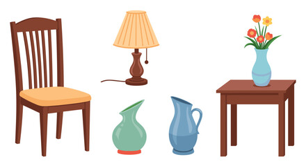 Fototapeta premium Illustration of furniture including chair lamp vases and table for interior design concept usage ideas on transparent background