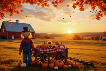 Scarecrow with pumpkins and sunflower in autumn sunset over golden field for harvest concept
