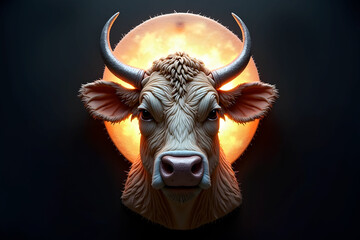 Realistic cow head sculpture with glowing full moon background for artistic decoration concept