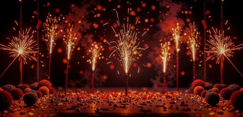 Vibrant celebration with fireworks and confetti creating a festive atmosphere
