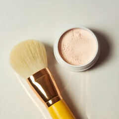 Yellow Makeup Brush and Powder on White Background