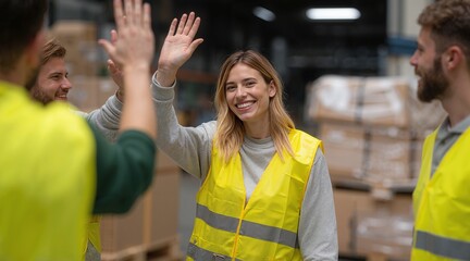Warehouse workers celebrating a job well done, high-fiving each other with smiles and wearing reflective vests, symbolizing teamwork