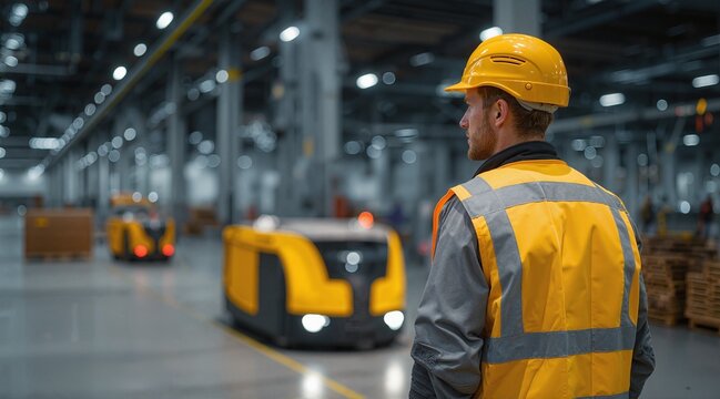 Warehouse worker overseeing autonomous vehicle operation, enhancing productivity and safety in logistics through automated transport solutions.