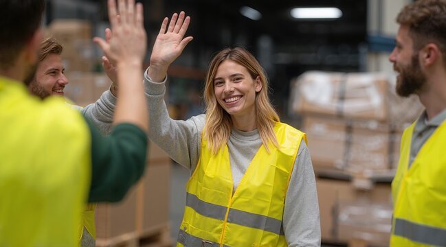 Warehouse workers celebrating a job well done, high-fiving each other with smiles and wearing reflective vests, symbolizing teamwork - Powered by Adobe