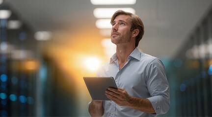 Man holding a tablet in server room, looking up. He is inspecting the facility and the data it houses, ensuring safety of information.