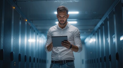 Technician using tablet for server management. System administrator working in server room. Data analysis in the information technology.