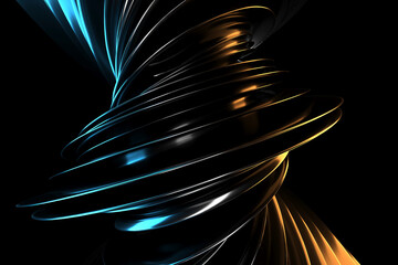 Dynamic metallic spiral with blue and orange light accents for modern abstract design. 3d render.