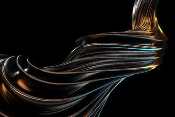 Abstract flowing metallic ribbons with black and gold hues. 3d render.