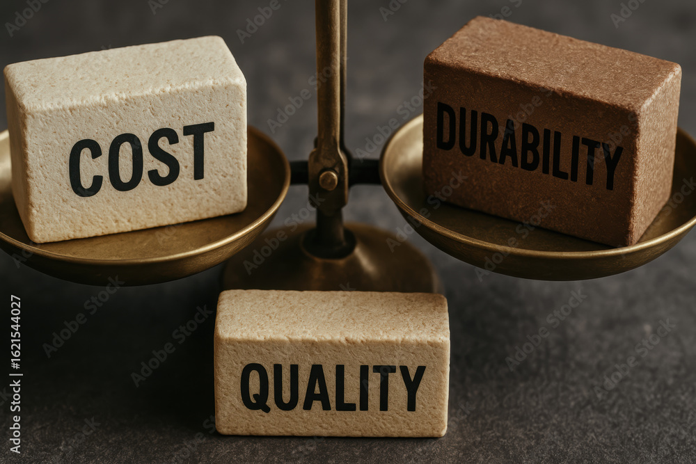 Poster quality cost balance concept with blocks on scale representing durability and value in decision maki