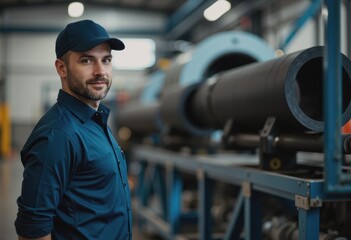Plastic extrusion operator monitoring the pipe formation process in a factory