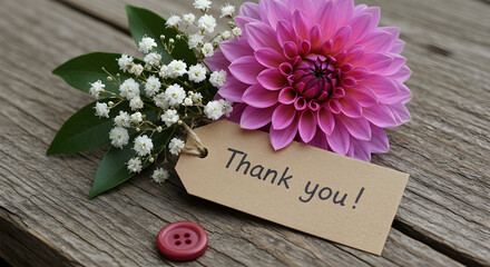 Pink dahlia with baby's breath and thank you tag on wood surface on transparent background