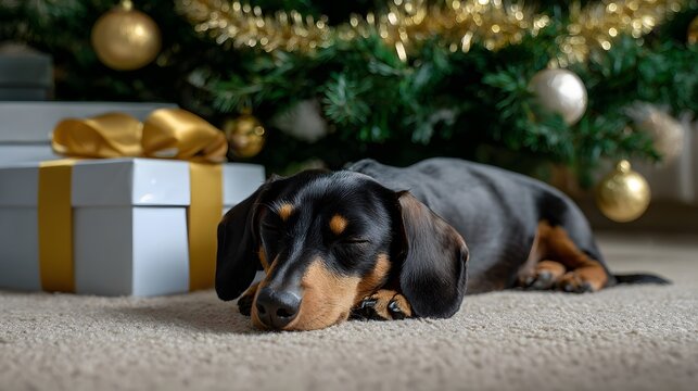Dachshund puppy peacefully sleeps in front of a Christmas tree with gifts, exuding holiday tranquility and peacefulness.