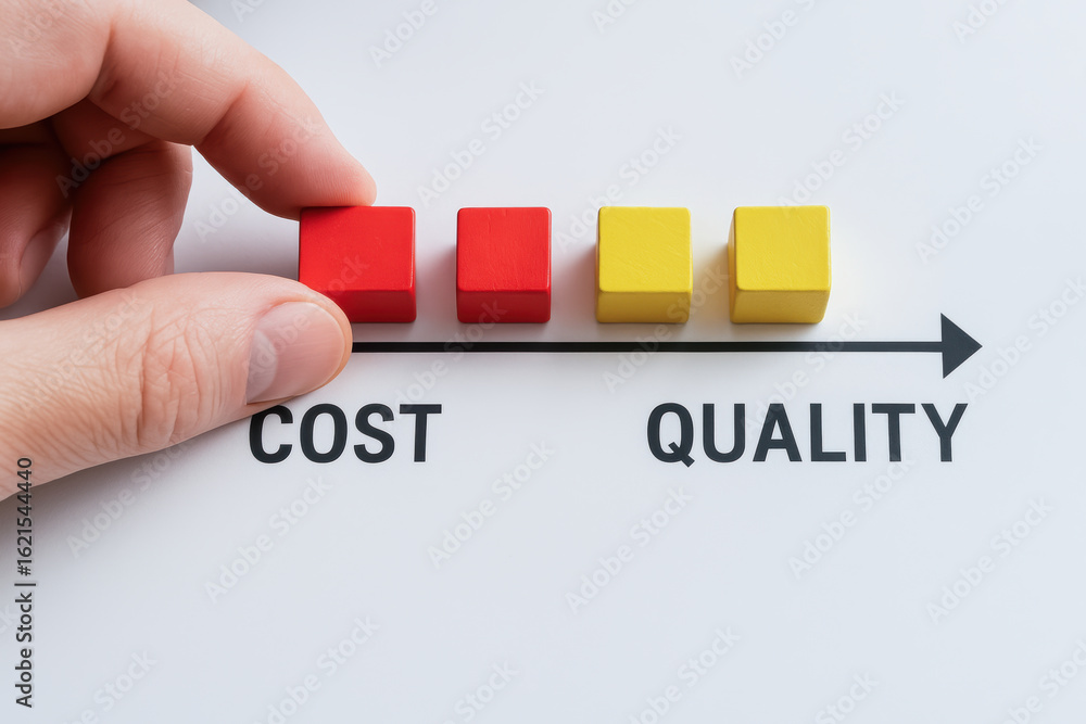 Poster cost quality balance concept with hand holding red wooden cube on arrow line with text cost and qual