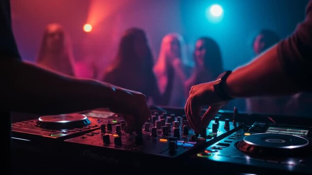 DJs Mixing Music at Nightclub with Dynamic Lighting and Crowd Dancing