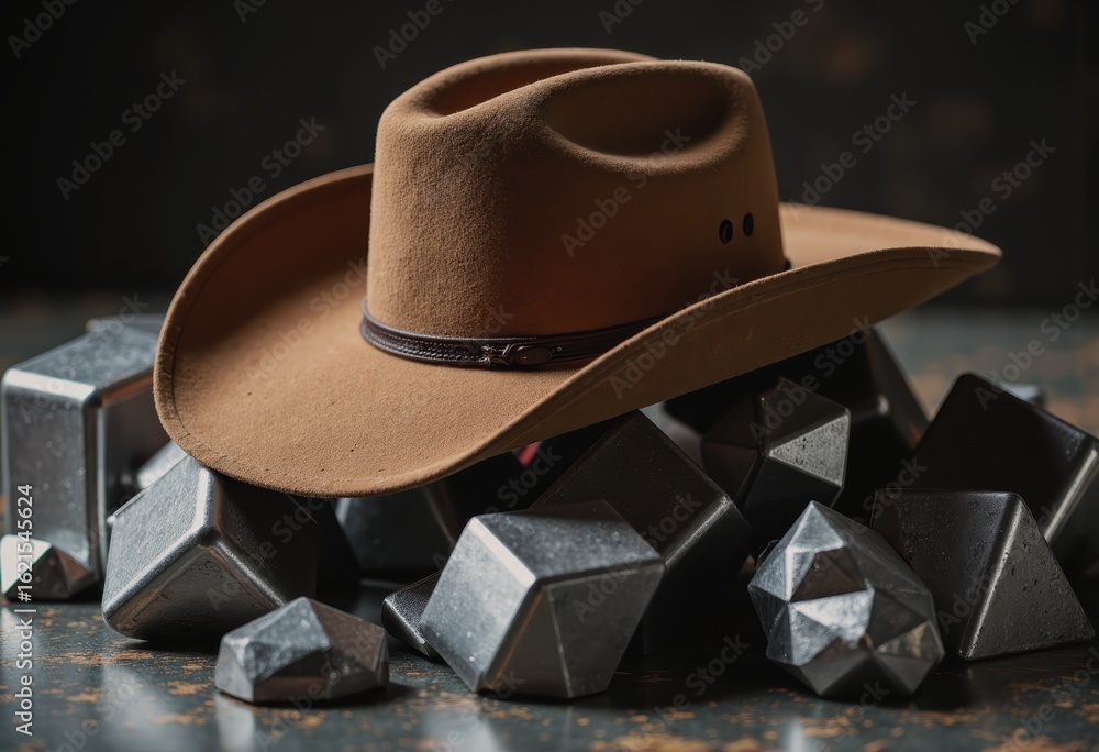 Poster cowboy hat resting on geometric forms in various sizes and shapes