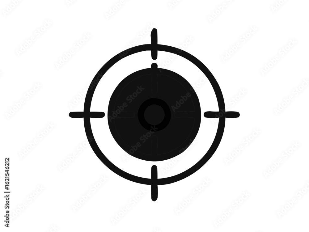 Poster a black and white target symbol with concentric circles and intersecting lines forming a crosshair s