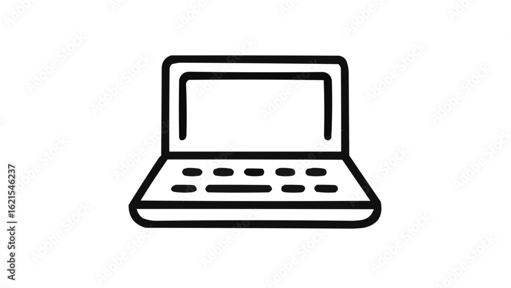 Poster illustration of a simple black and white laptop with a keyboard and screen display outline style