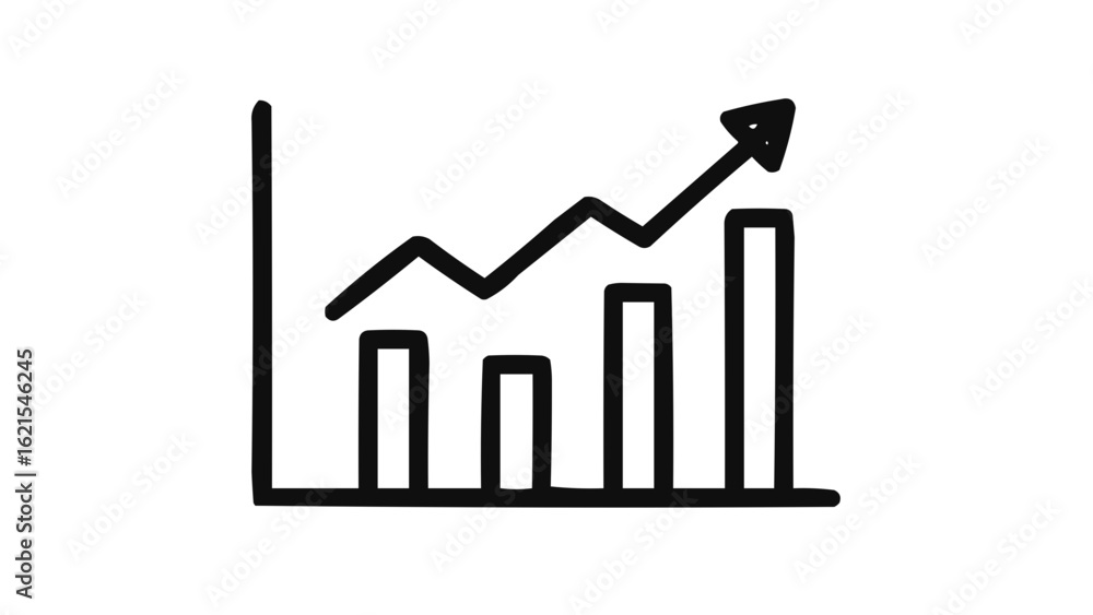Poster a simple black and white line drawing of a bar graph with an upward trending arrow line over it