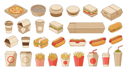 Various fast food items and drinks pizza noodles