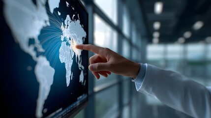 Hand points to China on illuminated world map display, showcasing global connections and international business or study.