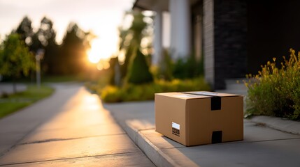 Cardboard box sits on a doorstep bathed in the warm glow of sunset, awaiting collection after delivery. Convenient home delivery concept.