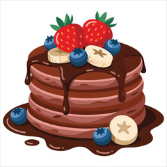 Baked pancakes with syrup, berries, and banana in outline food art, ideal for sweet breakfast designs, dessert illustrations, and culinary visuals