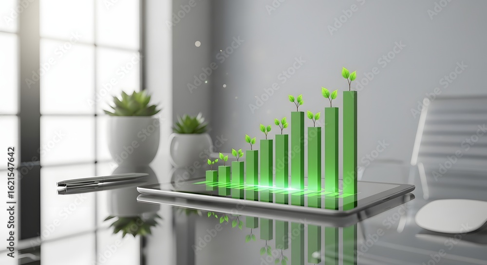 Poster a digital graph showing growth symbolized by sprouts emerging from green bars on a tablet. represent