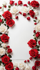 a white sheet paper A4 with only a lot of different red roses around the border, white background

