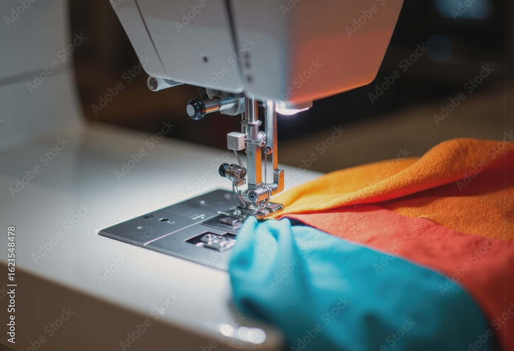 Poster serger machine creating finished seam edges on colorful fabric