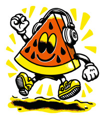 Playful Cartoon Watermelon Character with Headphones and Sneakers Dancing