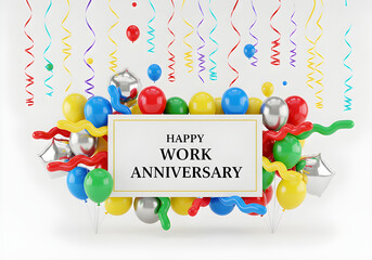 Celebrate a happy work anniversary with vibrant balloons, streamers, and a congratulatory sign.