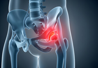 Medical visualization of a hip joint experiencing pain, highlighting anatomical details.