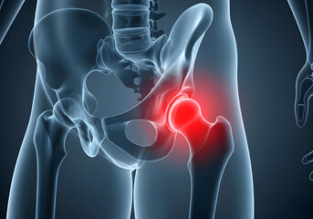 Medical illustration showcasing the human hip joint with a visual emphasis on potential pain areas.