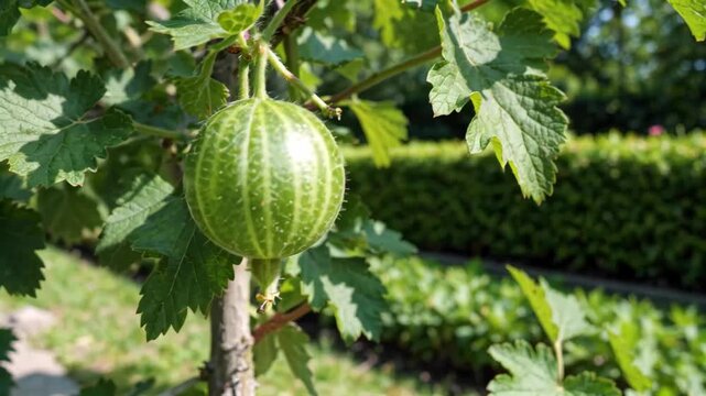 there is a green fruit hanging from a tree in the garden