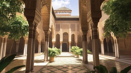 Fototapeta premium Palace Courtyard: Alhambra-esque Architecture in Sunlight