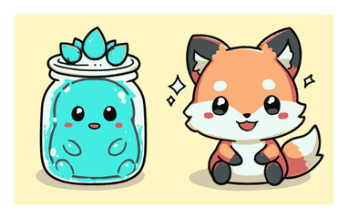 Cute Cartoon Fox and Jar with Blue Jelly Creature on Light Background
