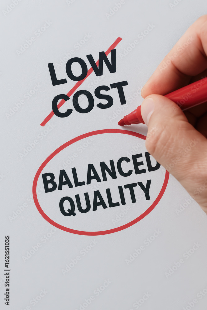 Aufkleber balanced quality concept with hand circling text and crossing out low cost to emphasize value and co