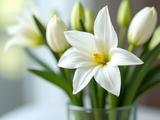 Obraz premium A close-up of a bouquet of white lilies, showcasing their delicate petals and vibrant yellow centers.
