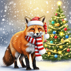 Festive Fox in Santa Hat by a Christmas Tree
