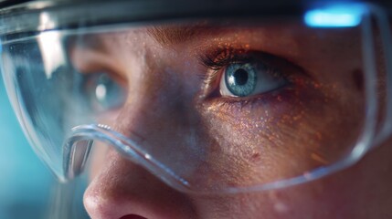 Close medium shot of a hightech VR headset overlaying a lifelike medical avatar emphasizing immersive telemedicine communication within an unfocused virtual environment.