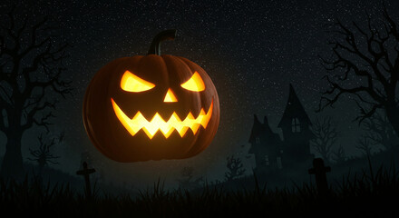 Spooky Halloween Night: Glowing Jack-o'-Lantern, Graveyard, Haunted House, and Starry Sky for Festive Holiday Promotion
